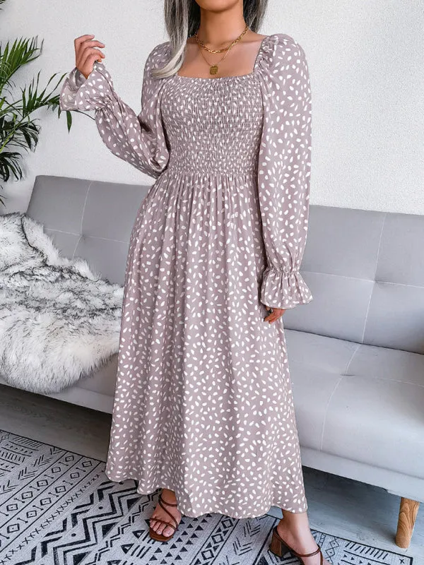 Square Neck Maxi Dress with Smocked Bodice and Polka Dot Print