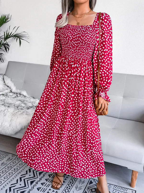Square Neck Maxi Dress with Smocked Bodice and Polka Dot Print