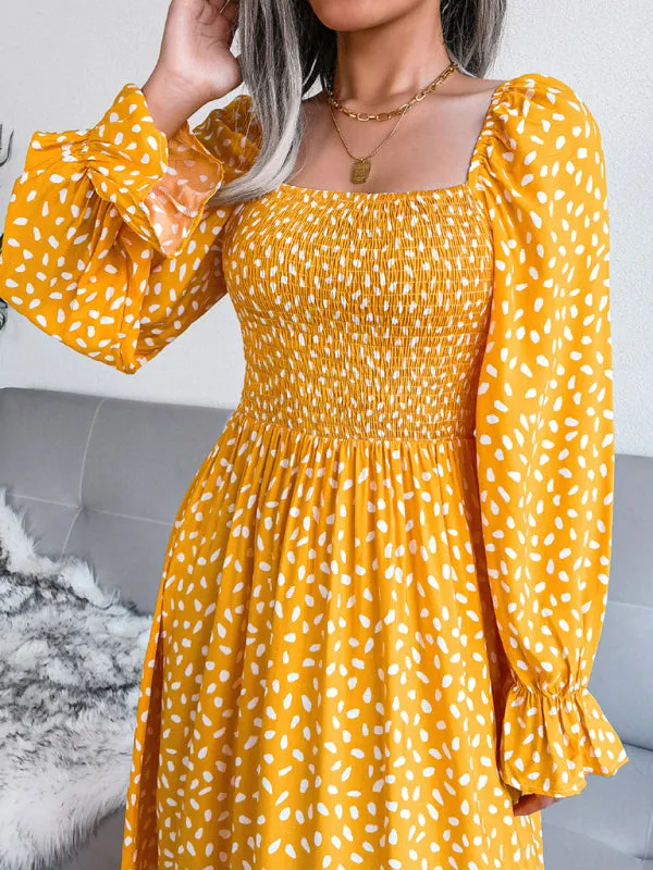 Square Neck Maxi Dress with Smocked Bodice and Polka Dot Print