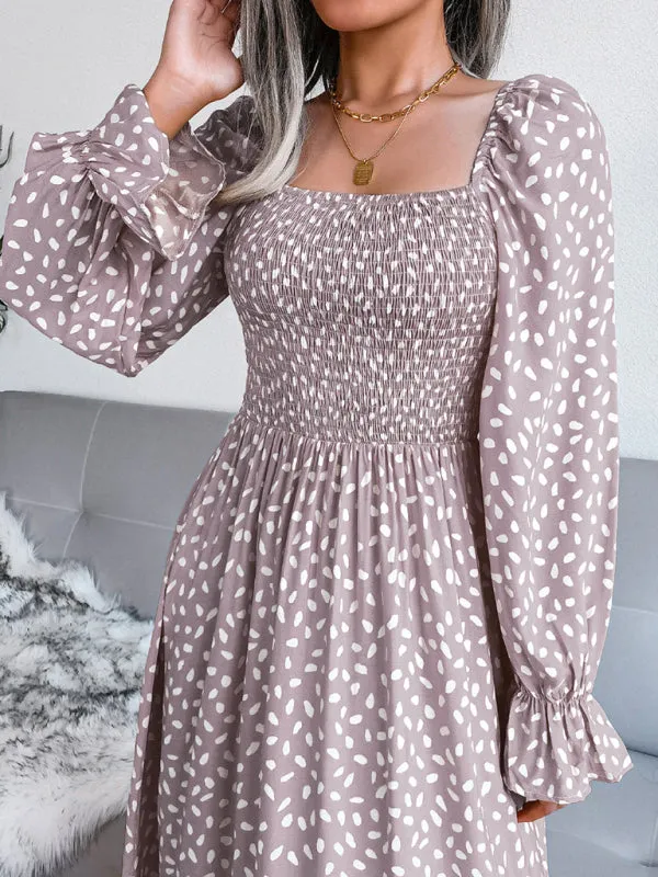 Square Neck Maxi Dress with Smocked Bodice and Polka Dot Print