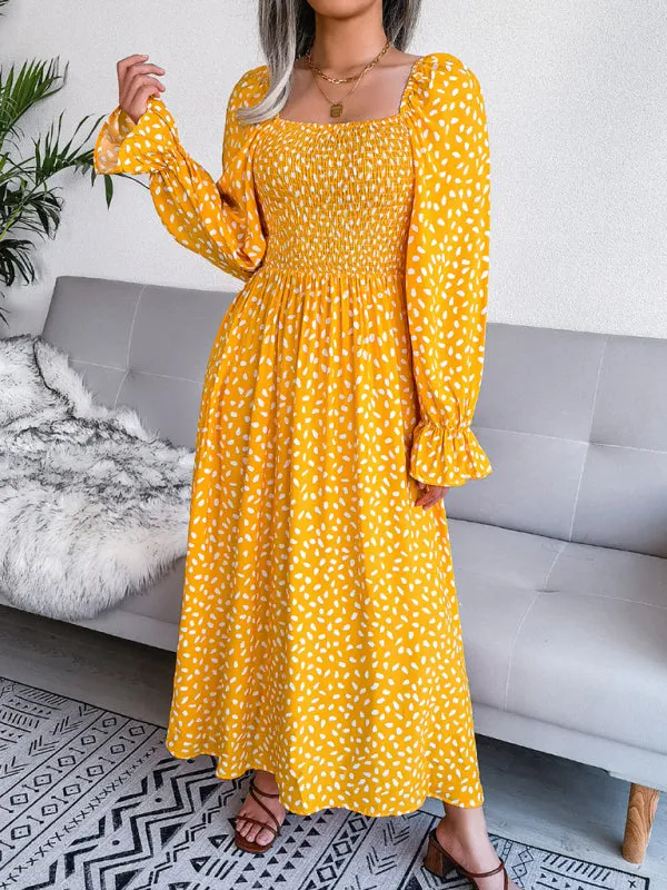 Square Neck Maxi Dress with Smocked Bodice and Polka Dot Print