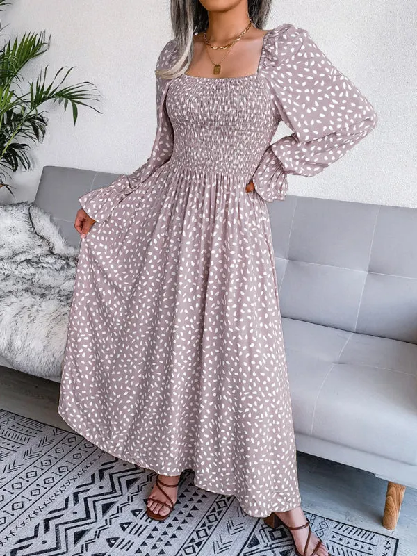 Square Neck Maxi Dress with Smocked Bodice and Polka Dot Print