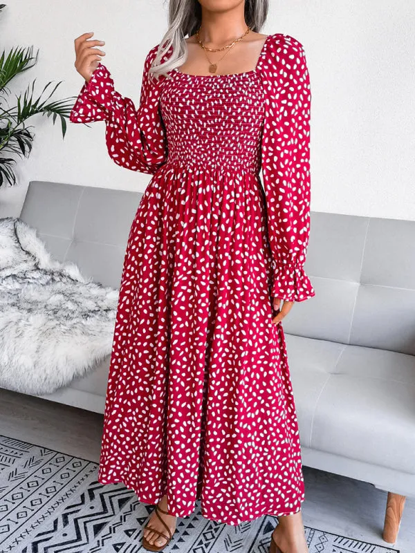 Square Neck Maxi Dress with Smocked Bodice and Polka Dot Print