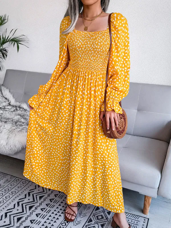 Square Neck Maxi Dress with Smocked Bodice and Polka Dot Print