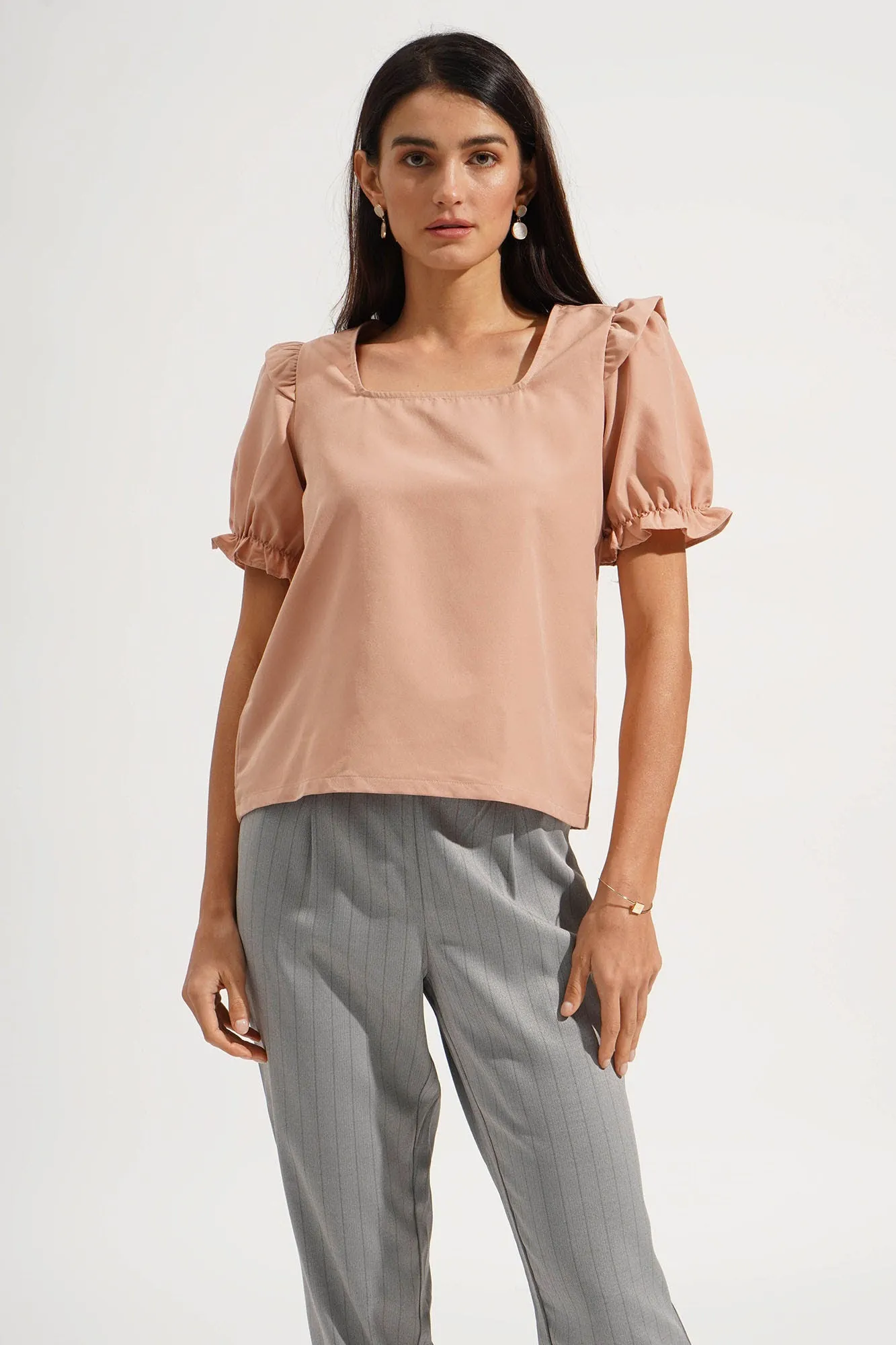 Square Neck Puff Sleeve Top with Ruffle Detail