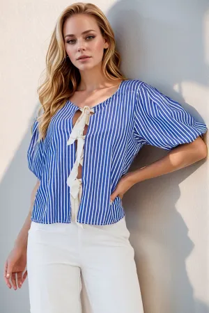 Stripe Tied Front Puff Short Sleeve Top for Women