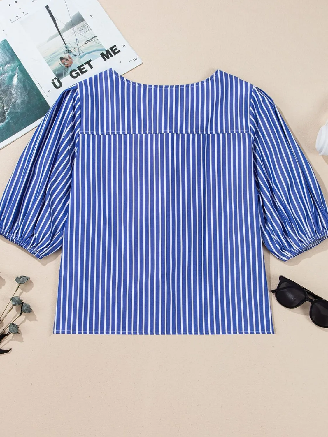 Stripe Tied Front Puff Short Sleeve Top for Women