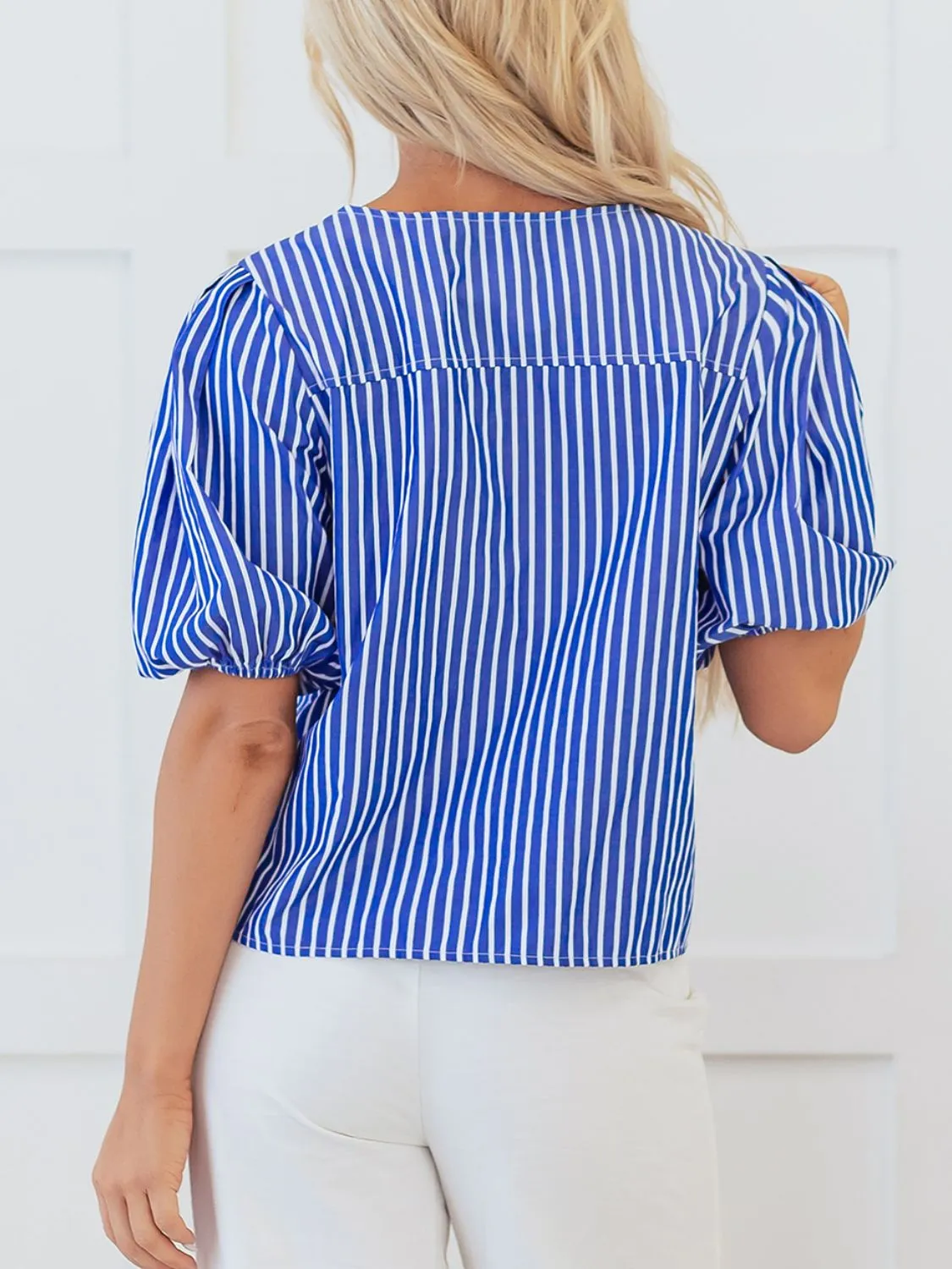 Stripe Tied Front Puff Short Sleeve Top for Women