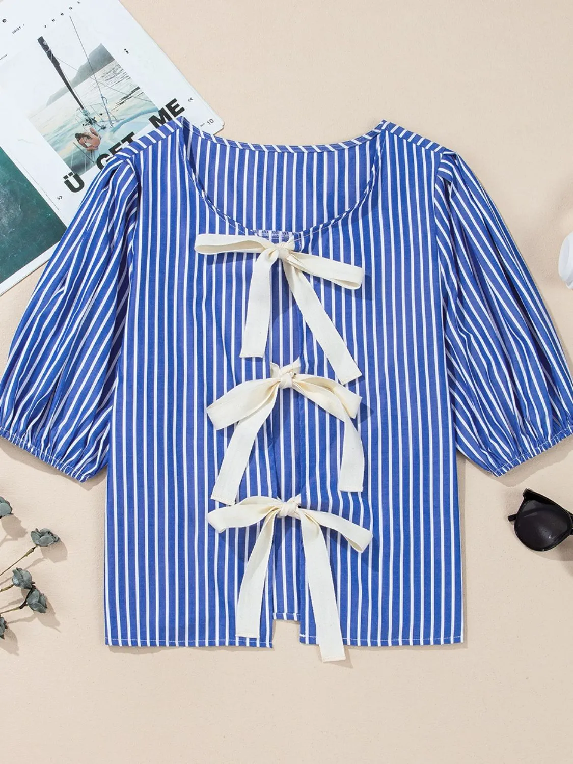 Stripe Tied Front Puff Short Sleeve Top for Women