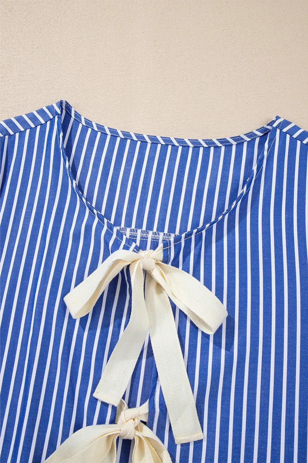 Stripe Tied Front Puff Short Sleeve Top for Women