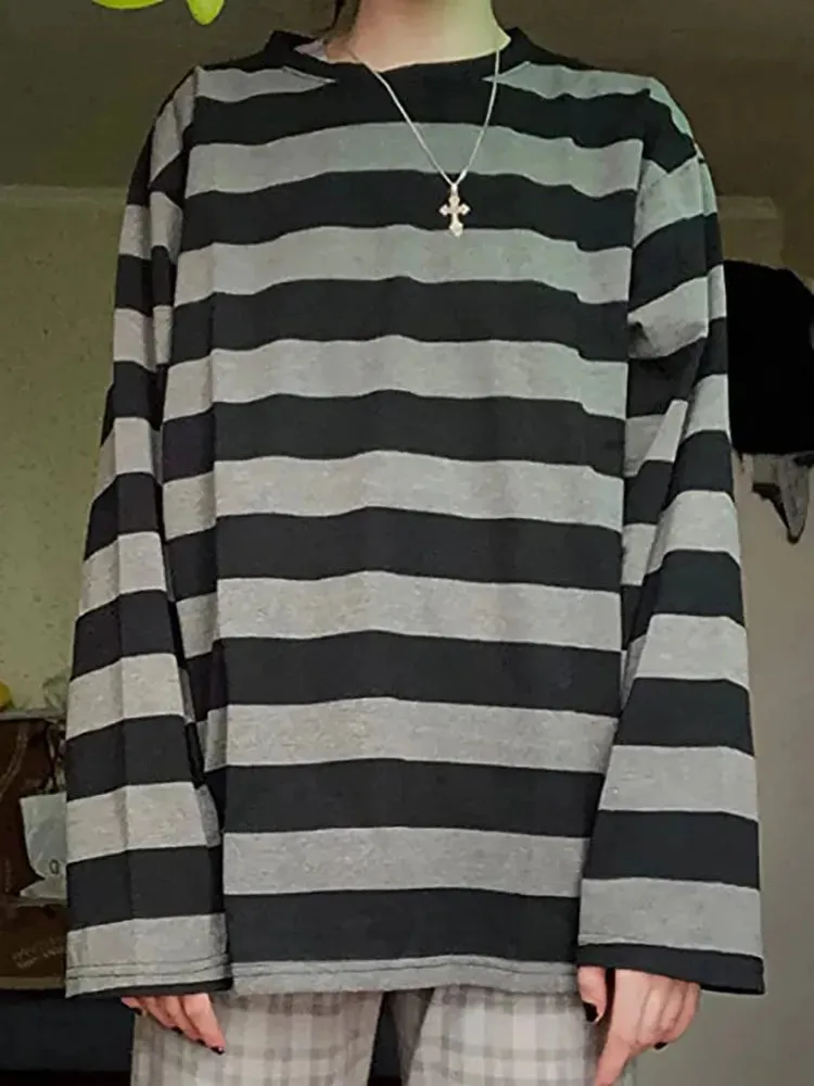 Striped Sweater Long Sleeve T shirt Streetwear for Women Oversized Striped Blouse Long Sleeve Grunge T-Shirt