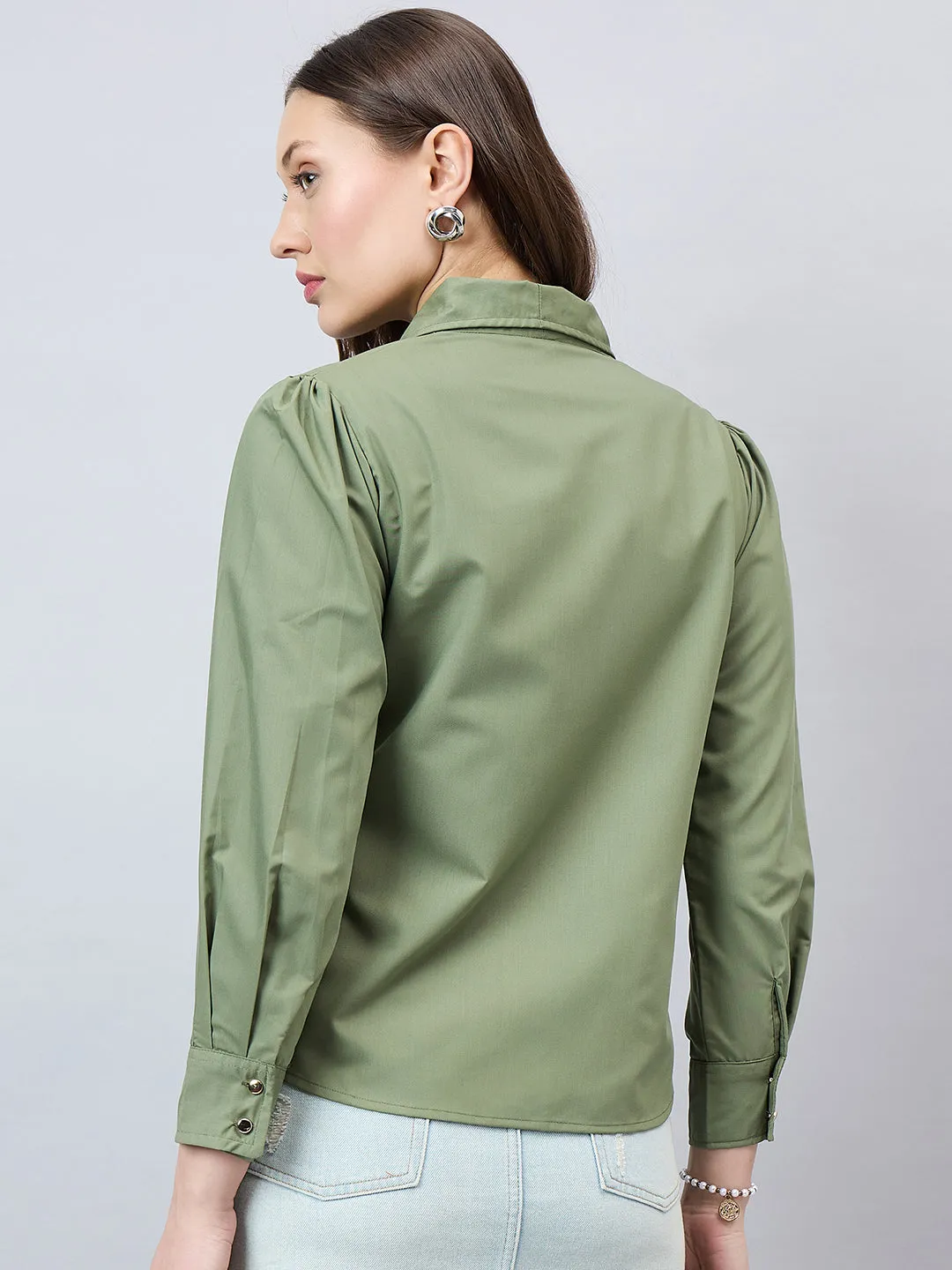 Style Quotient Women Solid Olive Polycotton Relaxed Fit smart casual Shacket