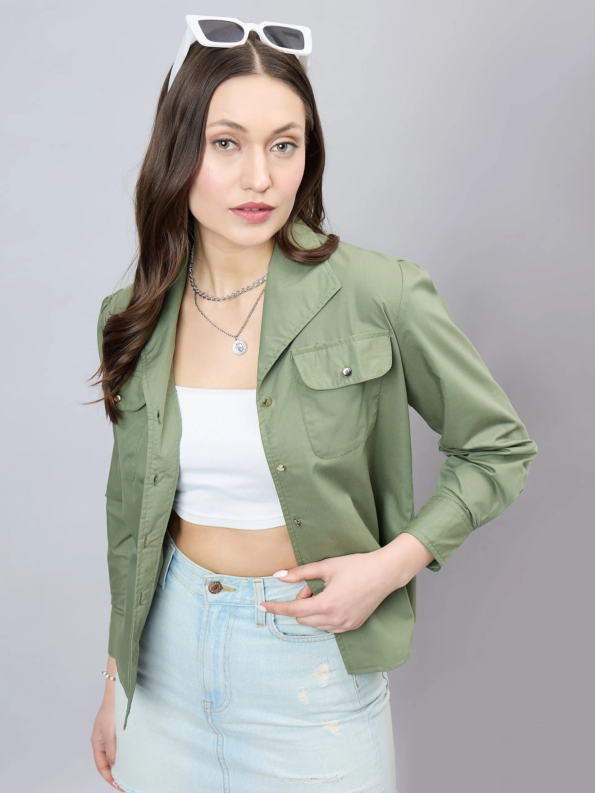 Style Quotient Women Solid Olive Polycotton Relaxed Fit smart casual Shacket