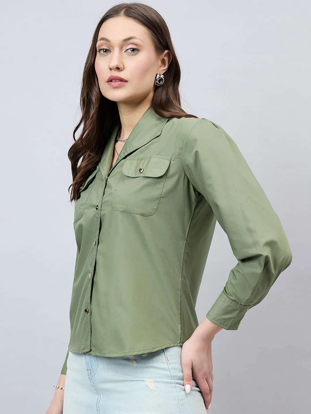 Style Quotient Women Solid Olive Polycotton Relaxed Fit smart casual Shacket
