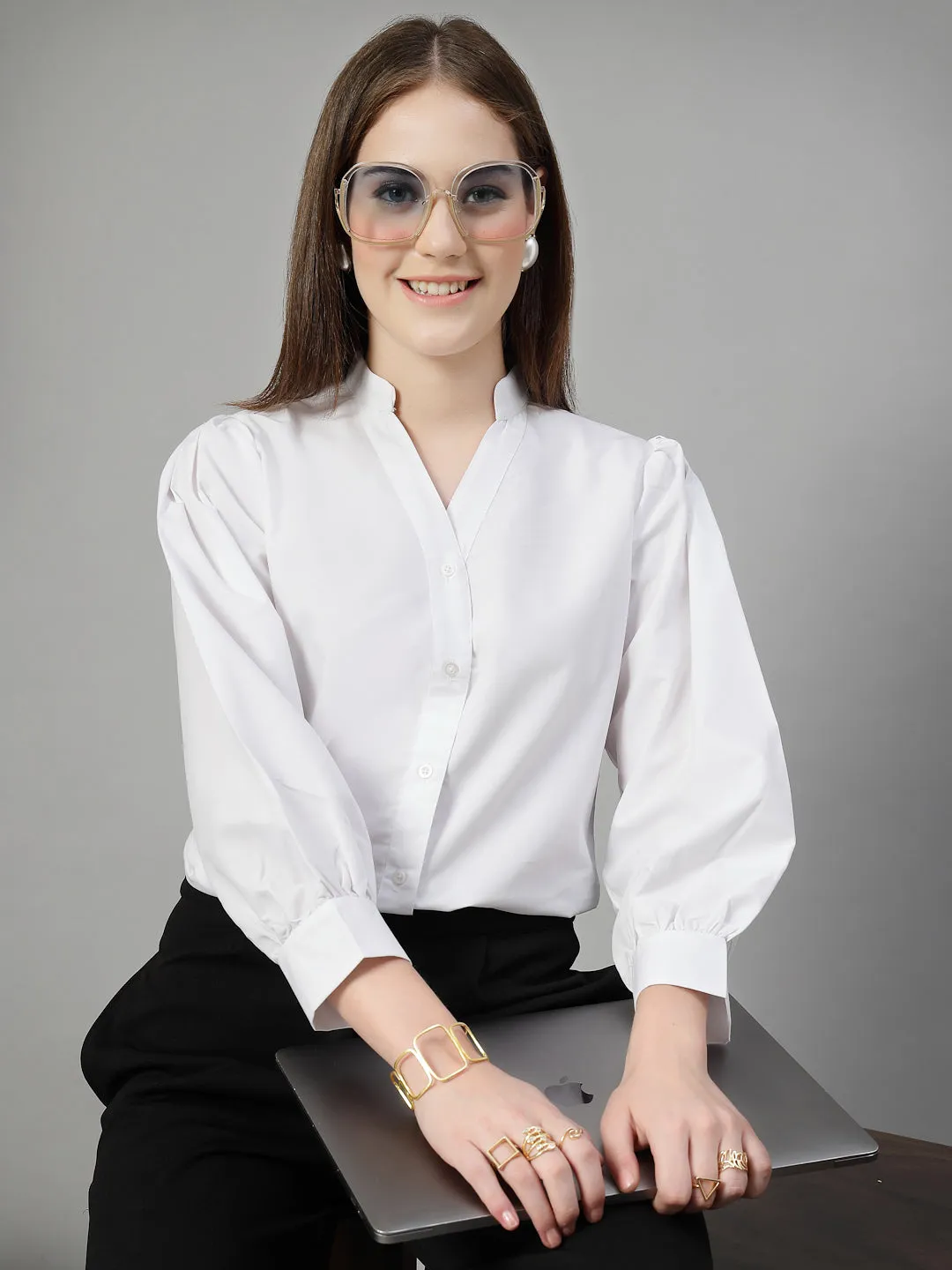 Style Quotient Women Solid White Polycotton Formal V Neck Shirt