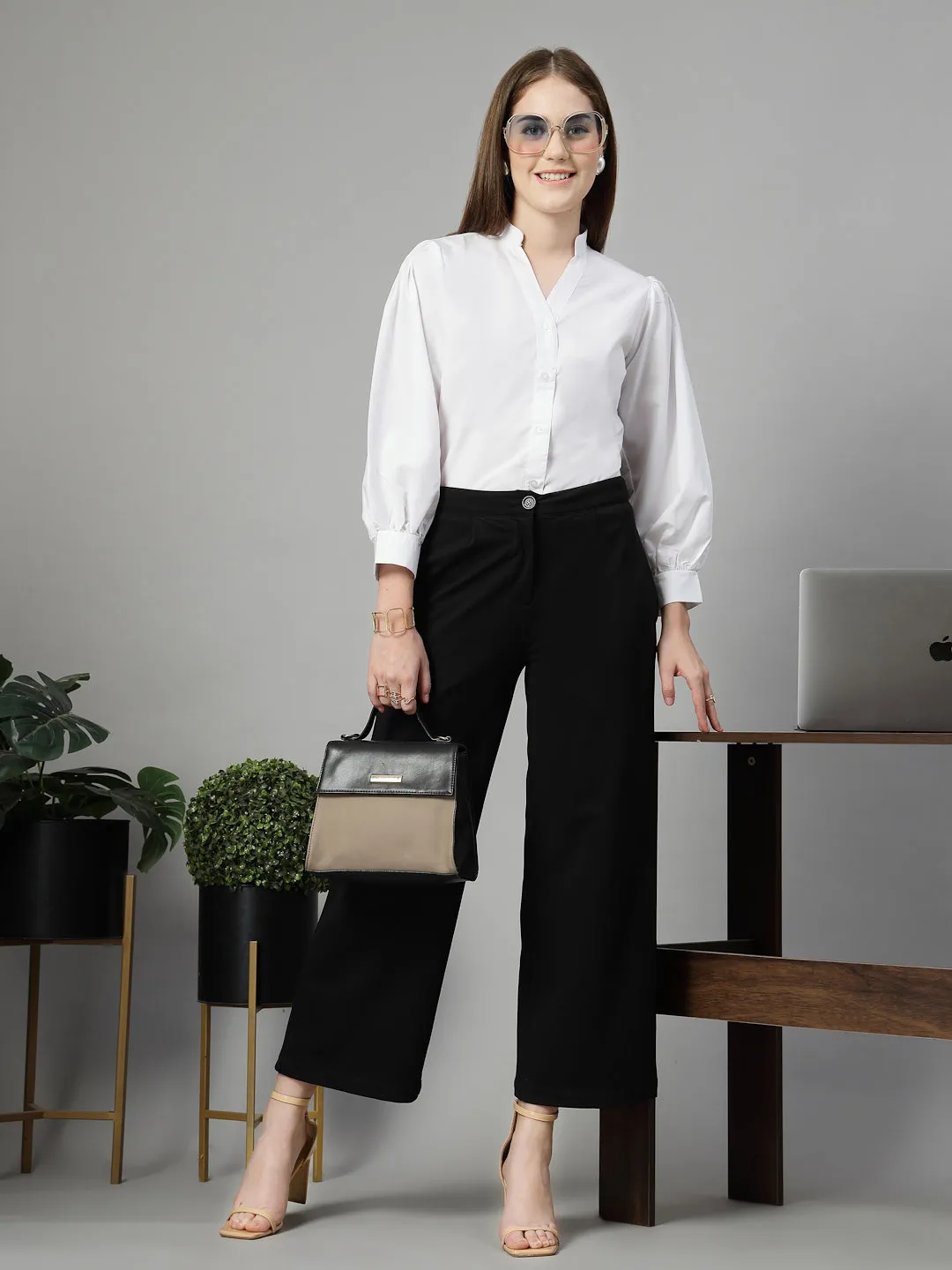 Style Quotient Women Solid White Polycotton Formal V Neck Shirt