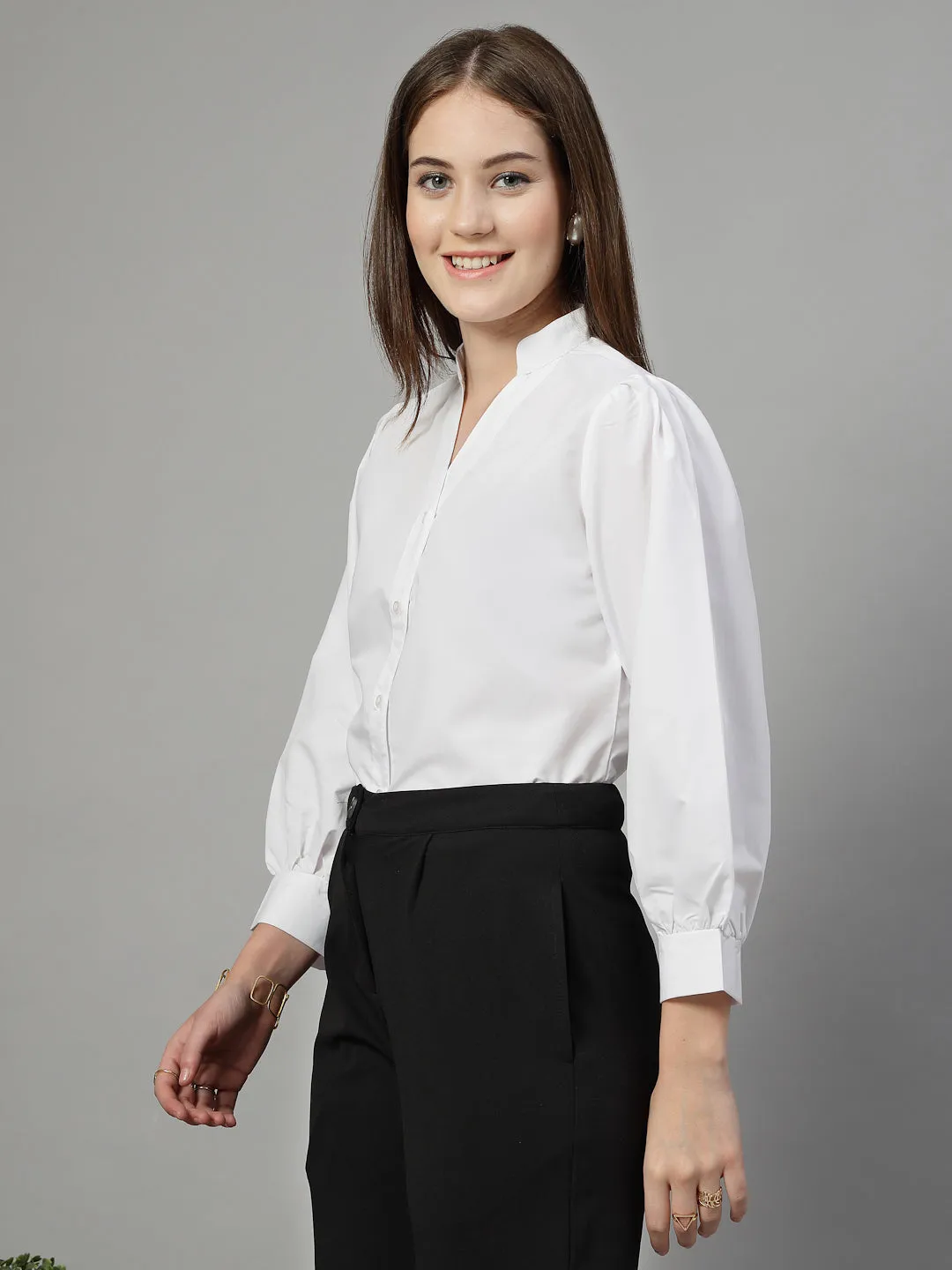 Style Quotient Women Solid White Polycotton Formal V Neck Shirt