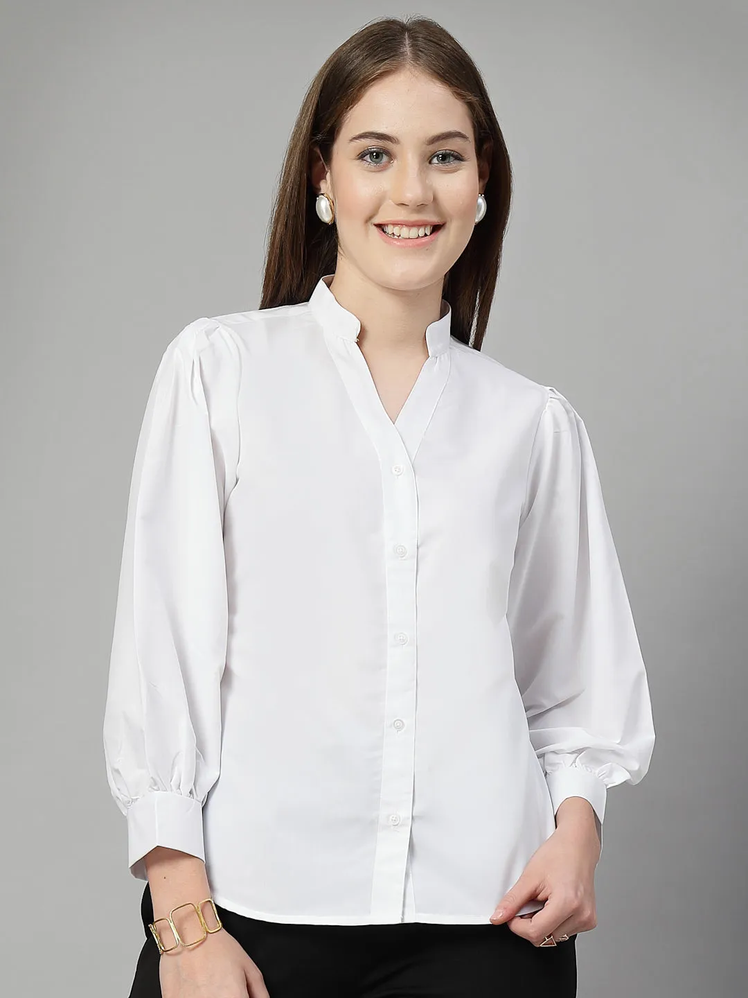 Style Quotient Women Solid White Polycotton Formal V Neck Shirt
