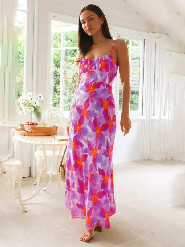 Summer Floral Print Backless Maxi Dress with Spaghetti Straps