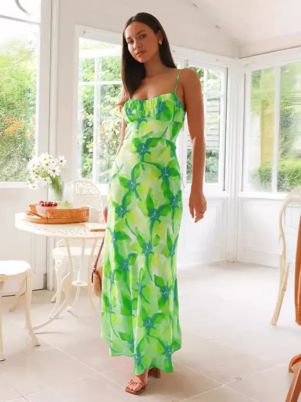 Summer Floral Print Backless Maxi Dress with Spaghetti Straps
