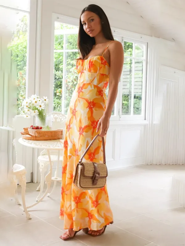 Summer Floral Print Backless Maxi Dress with Spaghetti Straps