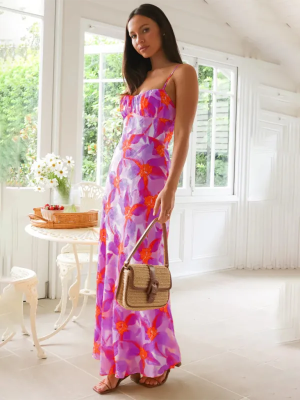 Summer Floral Print Backless Maxi Dress with Spaghetti Straps