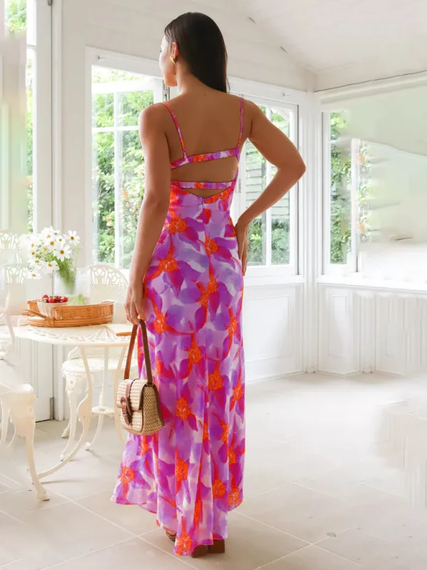 Summer Floral Print Backless Maxi Dress with Spaghetti Straps