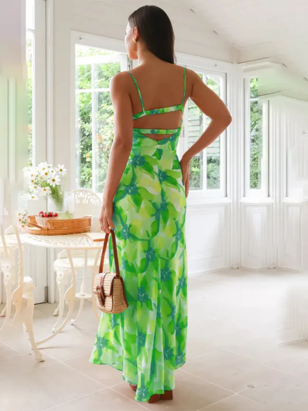Summer Floral Print Backless Maxi Dress with Spaghetti Straps