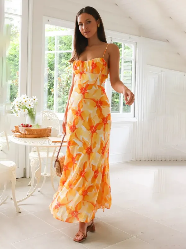 Summer Floral Print Backless Maxi Dress with Spaghetti Straps