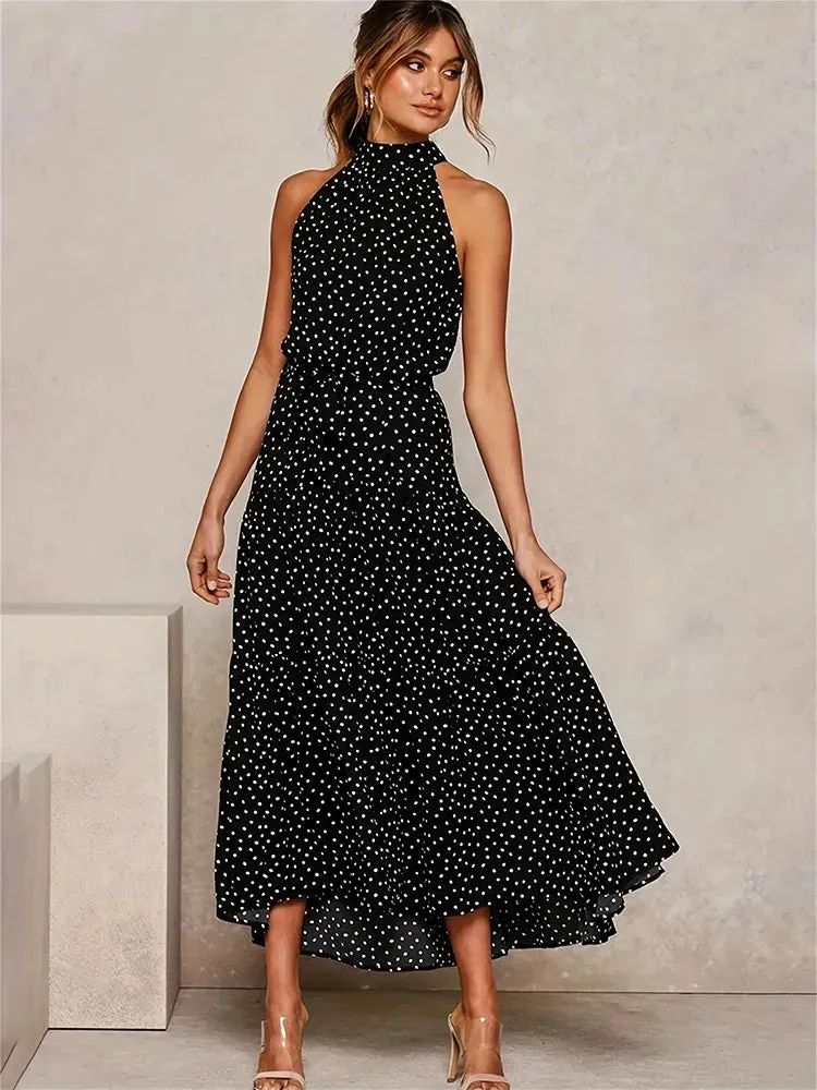 Summer Long Dress Polka Dot Casual Dresses Black Sexy Halter Strapless Sundress