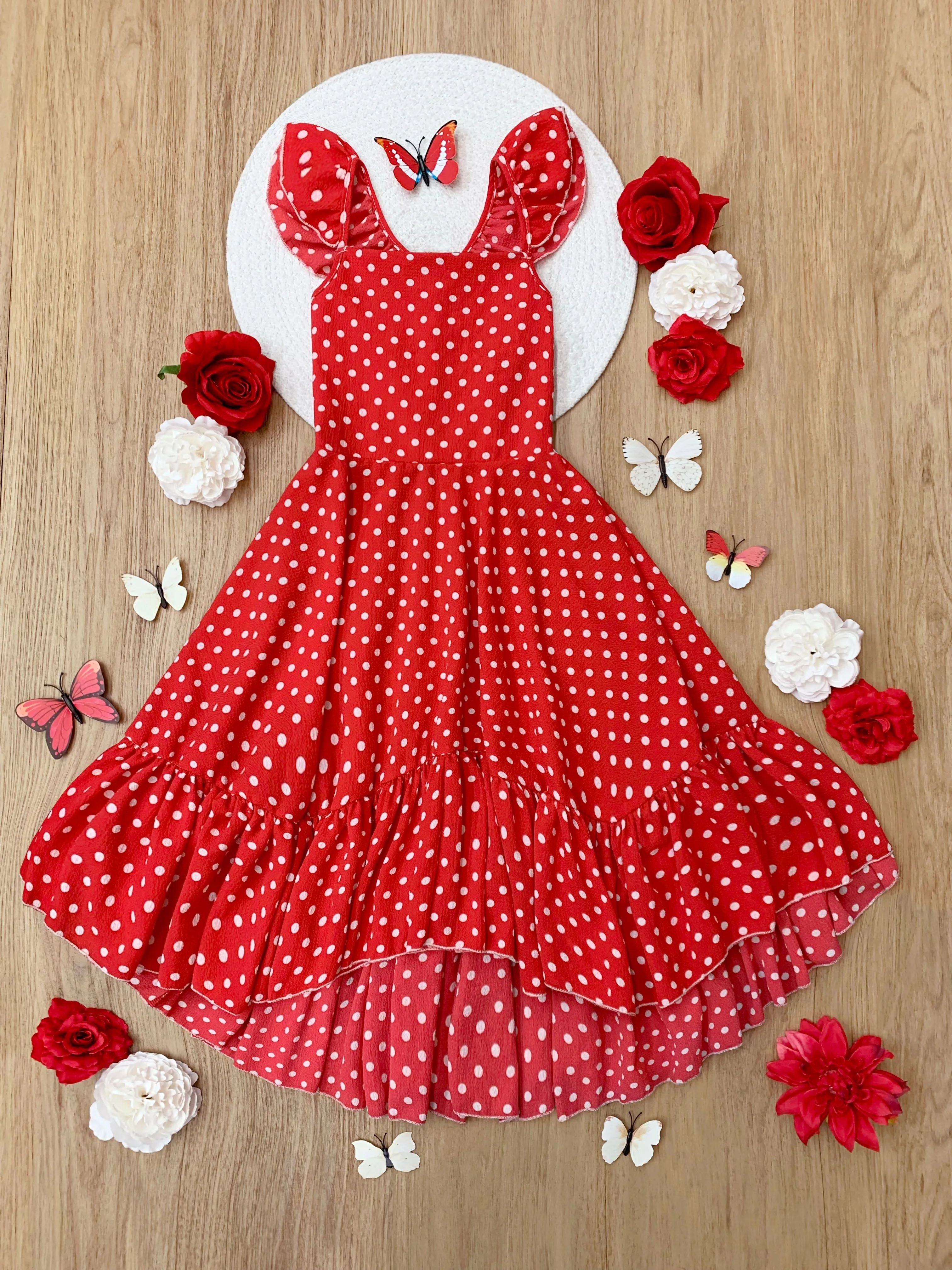 Sweet and Sassy Red Polka Dot Hi-Lo Ruffle Dress