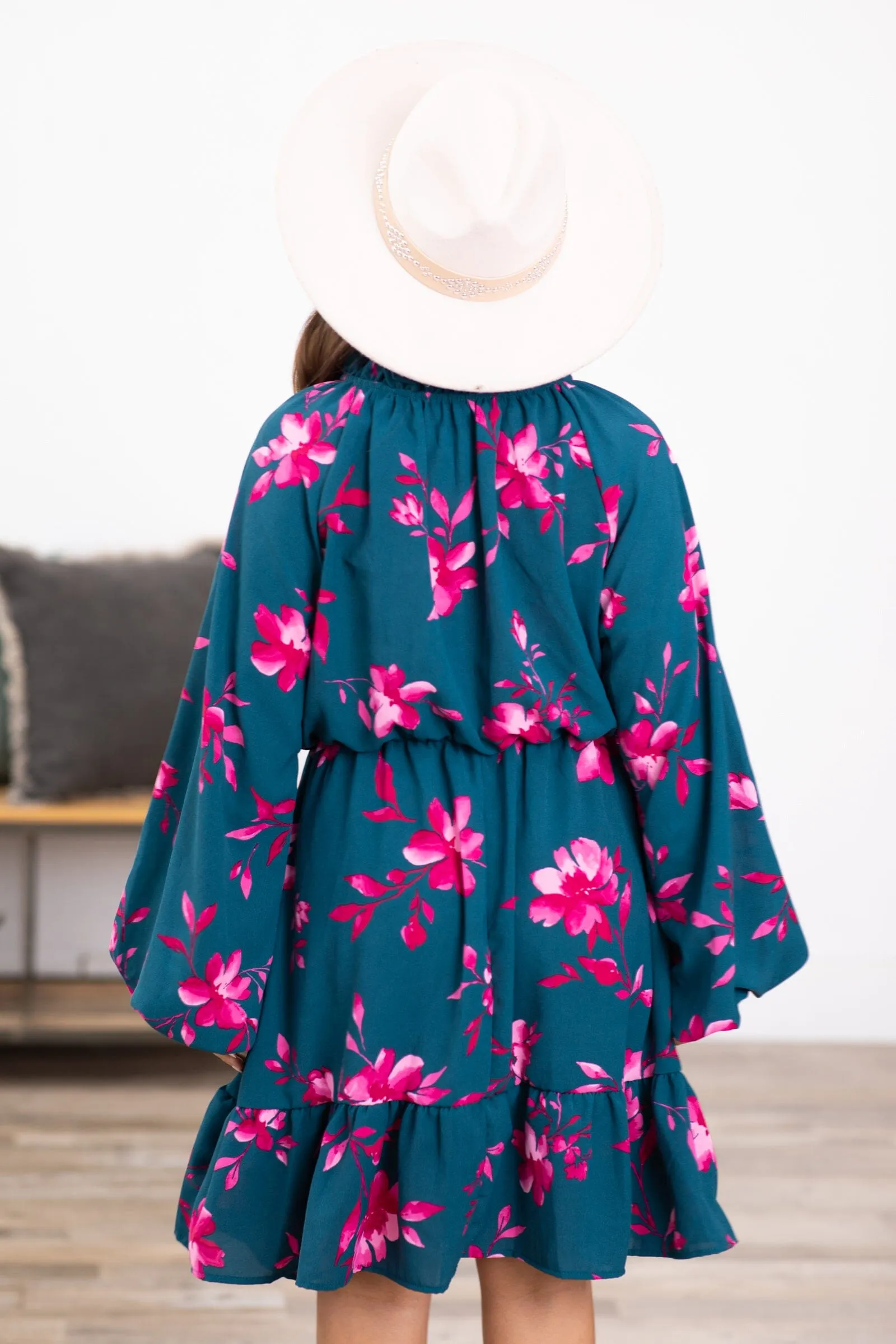 Teal and Fuchsia Floral Long Sleeve Dress