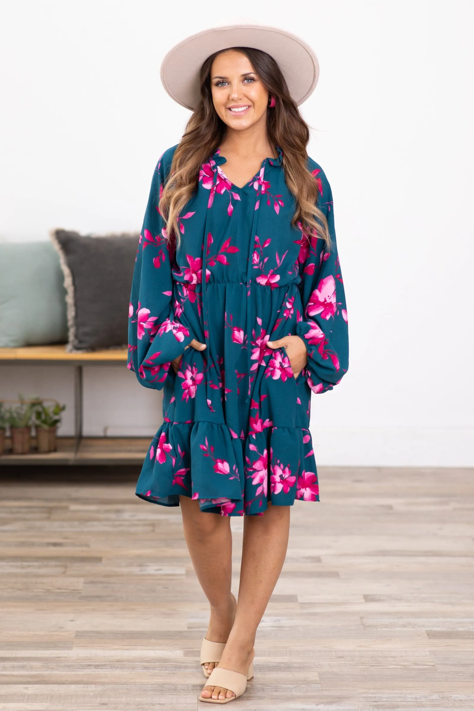 Teal and Fuchsia Floral Long Sleeve Dress