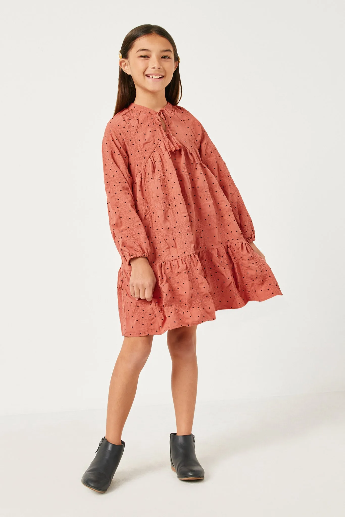 Textured Polka Dot Tassel Detail Dress