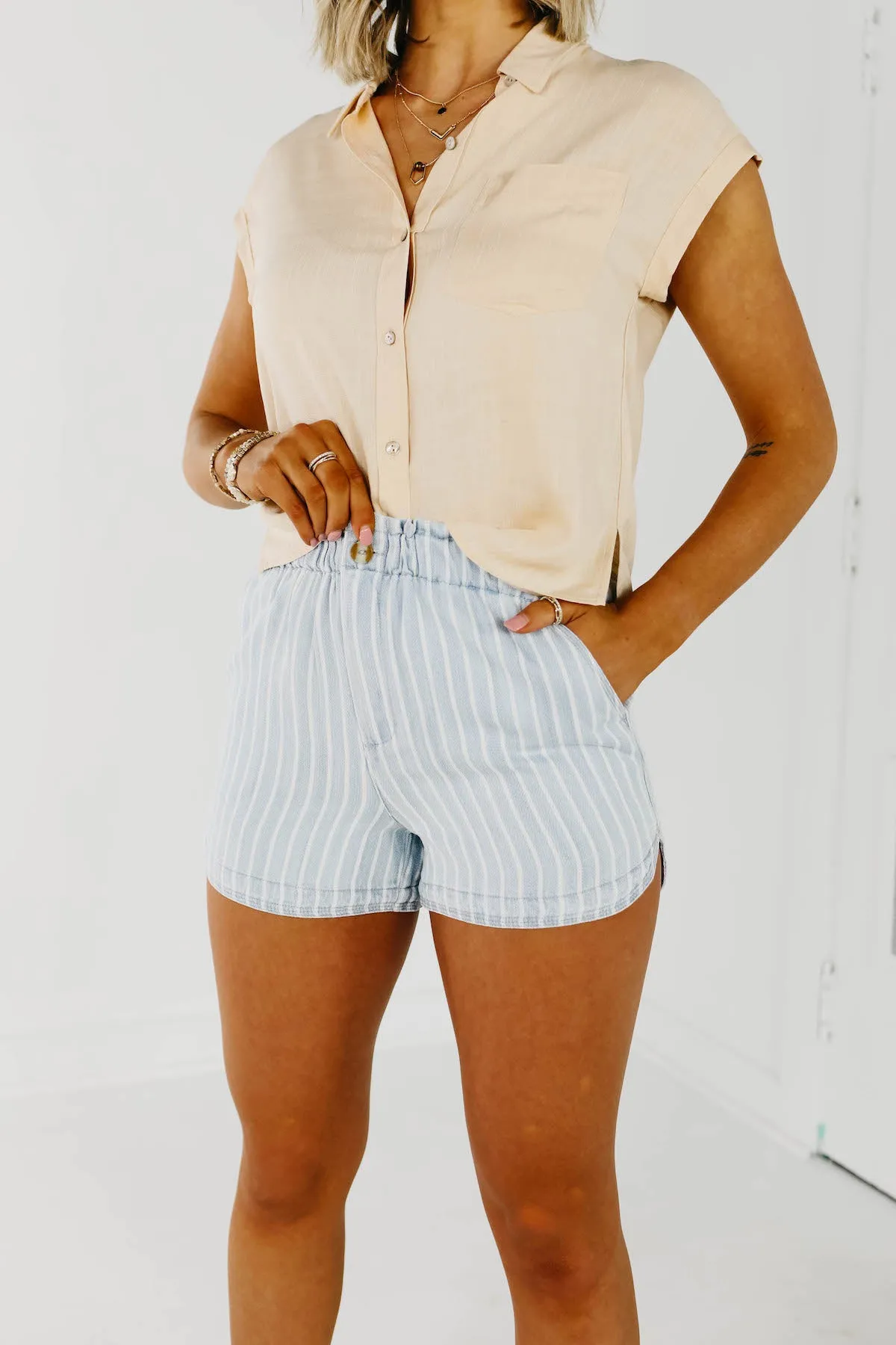 The Erica Pinstripe Denim Shorts