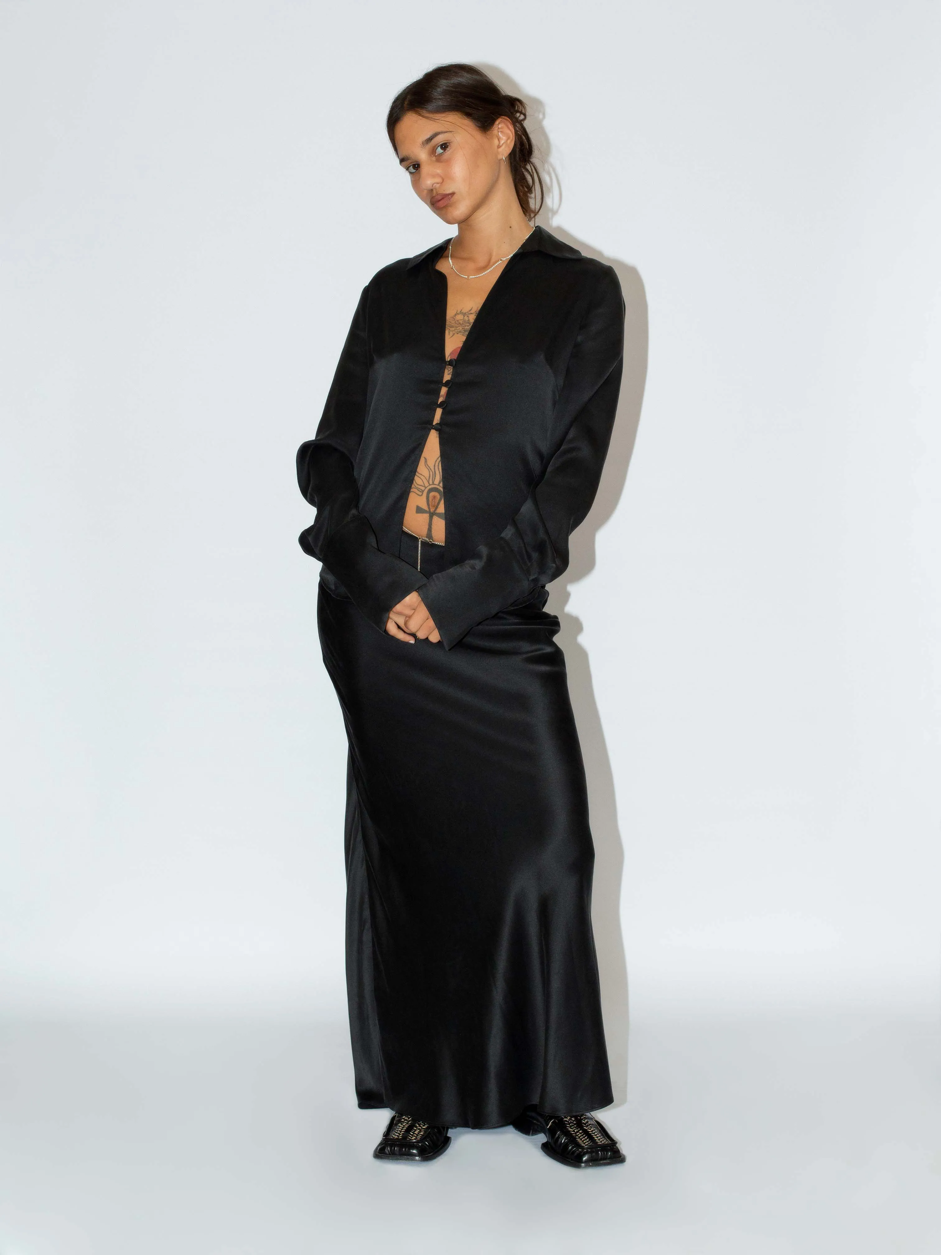 The Lair Apparel Drew Silk Button Up Black