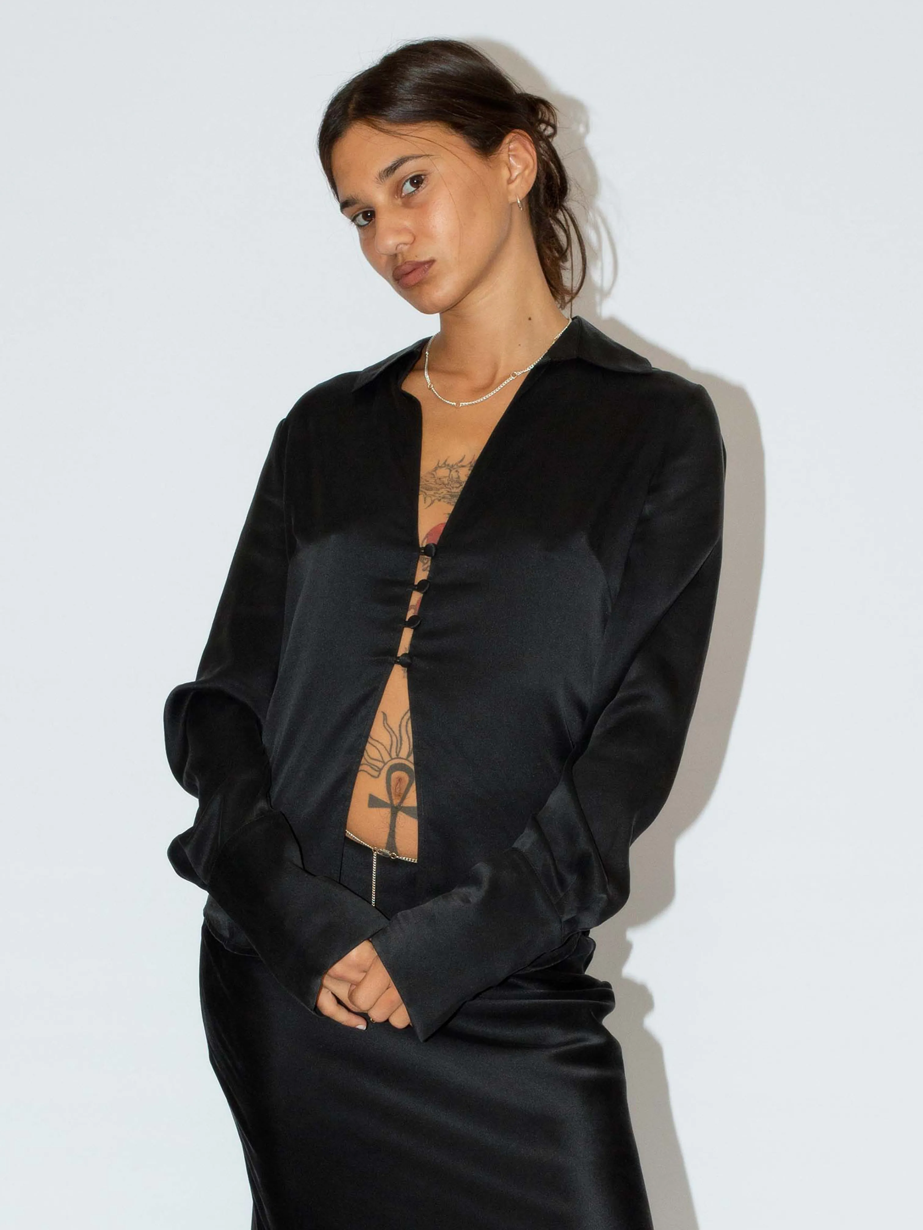 The Lair Apparel Drew Silk Button Up Black