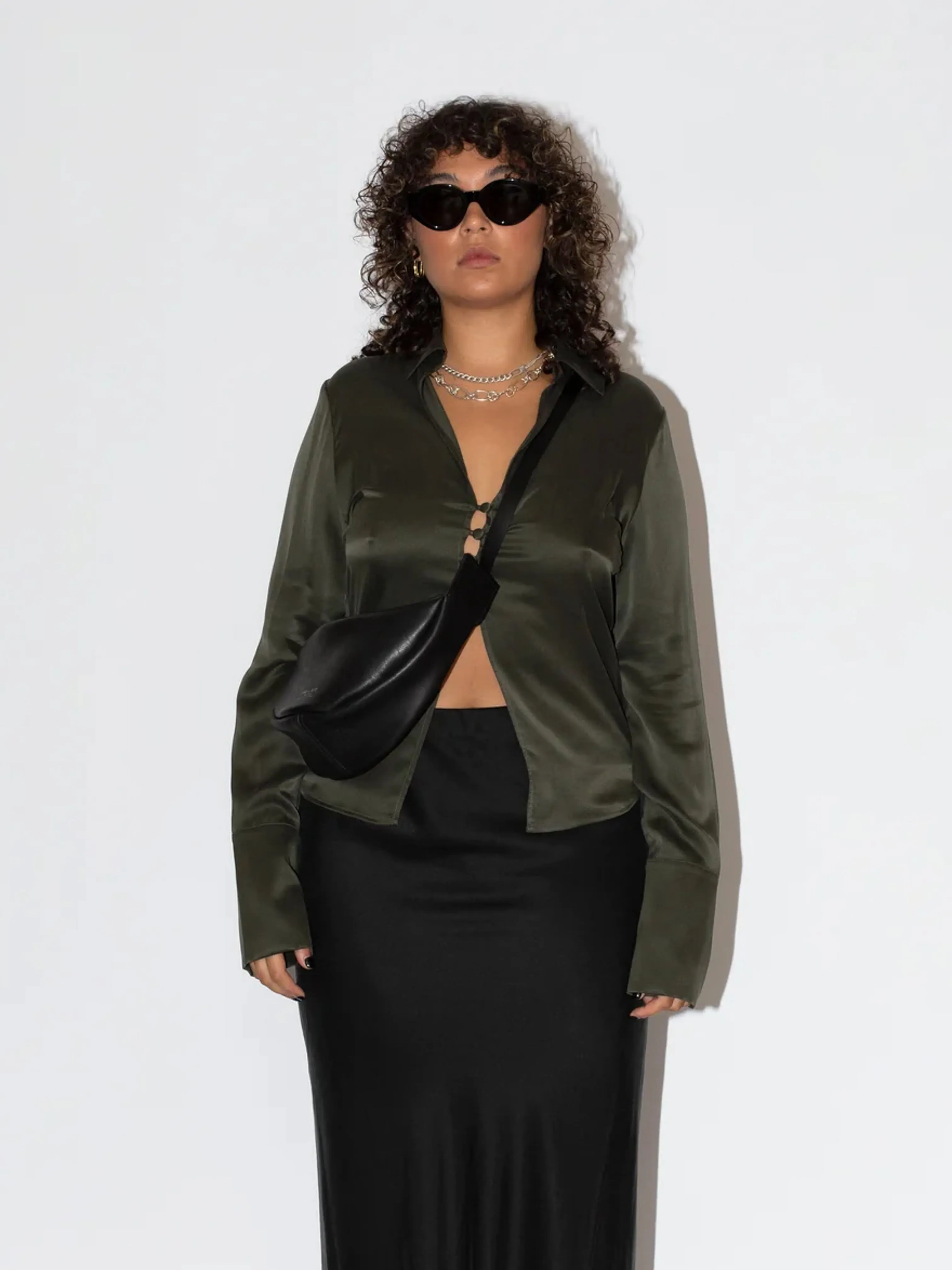 The Lair Apparel Drew Silk Button Up Military