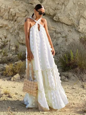 Three-dimensional Floral Halter Neck Maxi Dress with Tiered Design