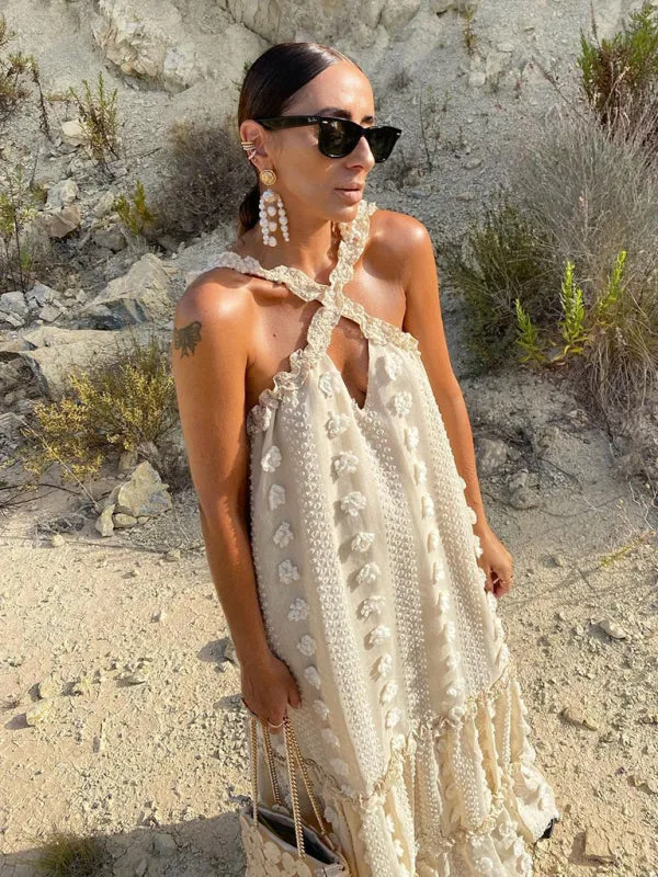 Three-dimensional Floral Halter Neck Maxi Dress with Tiered Design