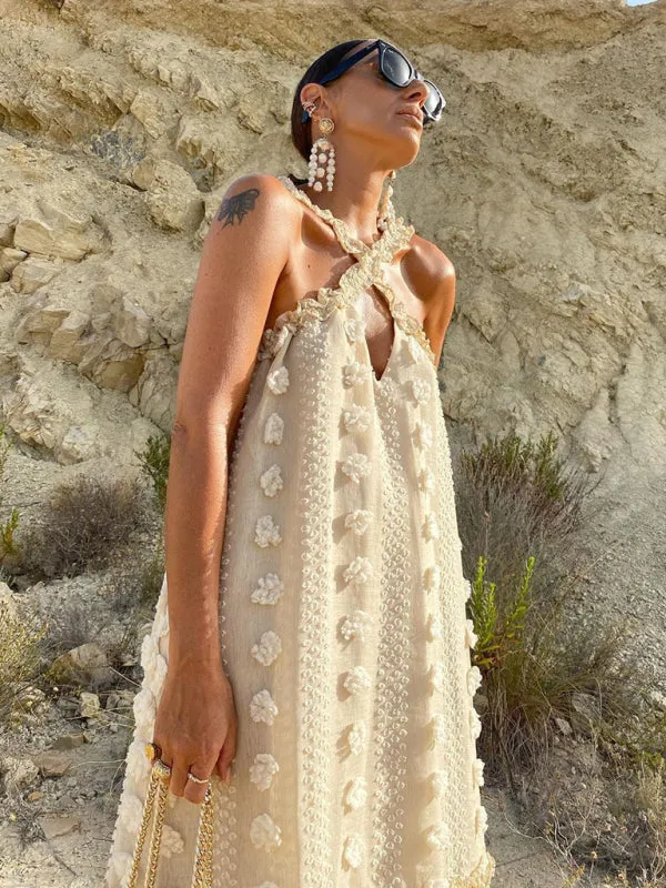 Three-dimensional Floral Halter Neck Maxi Dress with Tiered Design