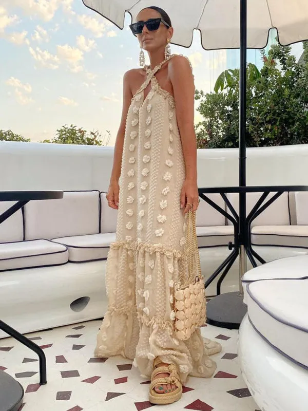 Three-dimensional Floral Halter Neck Maxi Dress with Tiered Design