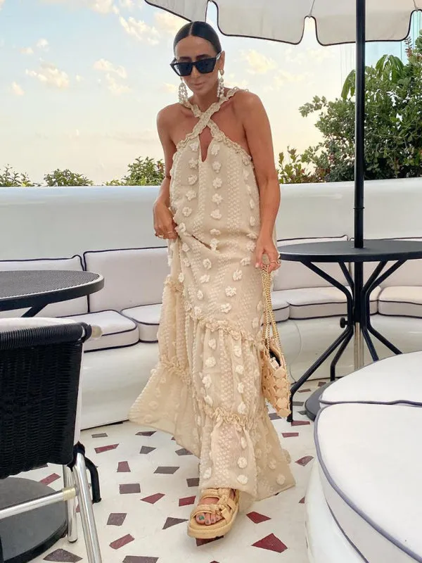 Three-dimensional Floral Halter Neck Maxi Dress with Tiered Design