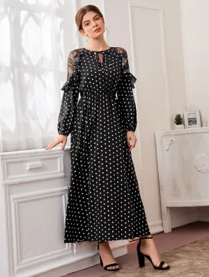 Tie Neck Lace Shoulder Ruffle Trim Polka Dot Dress( Clearance sale