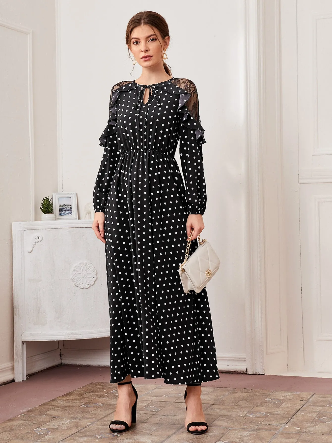 Tie Neck Lace Shoulder Ruffle Trim Polka Dot Dress( Clearance sale