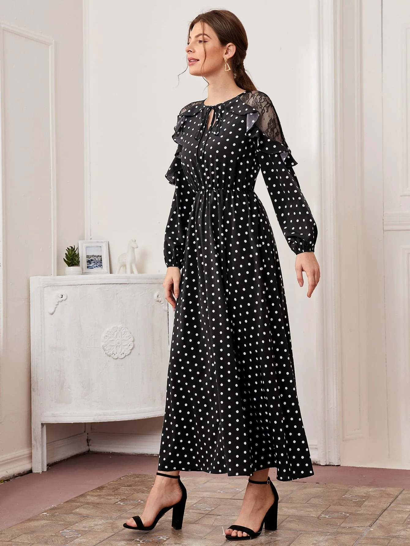 Tie Neck Lace Shoulder Ruffle Trim Polka Dot Dress( Clearance sale