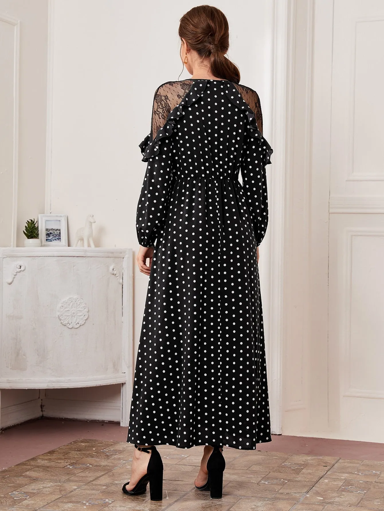 Tie Neck Lace Shoulder Ruffle Trim Polka Dot Dress( Clearance sale