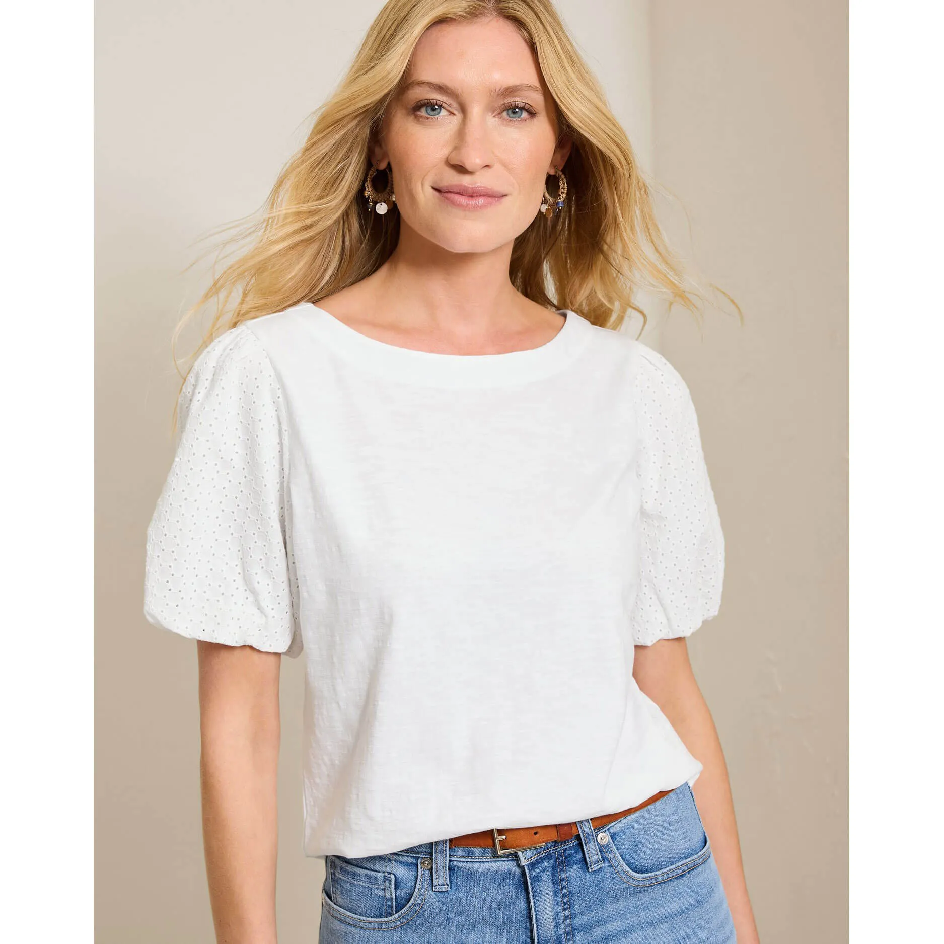 Tommy Bahama Women's Eyelet Puff Sleeve Lux T-Shirt - White