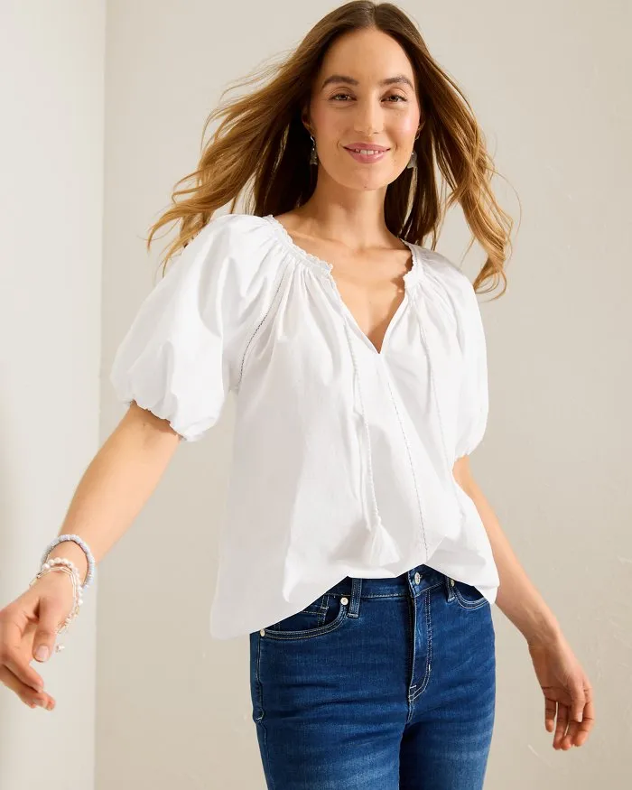 Tommy Bahama Women's Oceana Puff Short Sleeve Split Neck Top - White