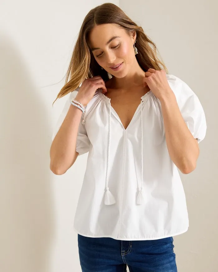 Tommy Bahama Women's Oceana Puff Short Sleeve Split Neck Top - White